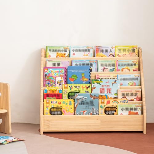 Image of 5 Tier Pine Wood Bookshelf Book Holder Wooden Kid's Book Rack Natural for Kids Room Study Room Play Room Books Magazines Storage Organizer