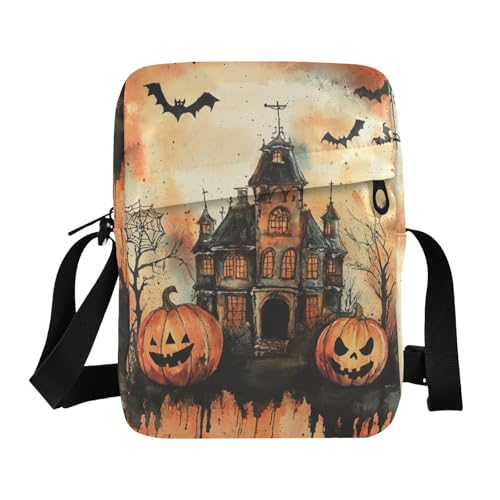 KLL Halloween Pumpkin Black Orange Spooky Haunted House small messenger bag for women Vegan Leather shoulder bags Shopping Shoulder Handbag