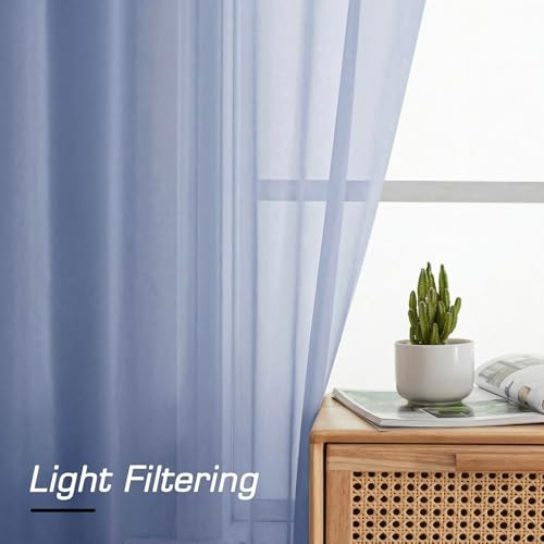 Image of Simplebrand Rod Pocket Top Solid Voile Sheer Curtains for Bedroom, 54 Inch Length Drapes Set of 2, Lightweight and Light Filtering Elegant Denim Curtains Panels Window Treatment, 42Wx54L, Denim