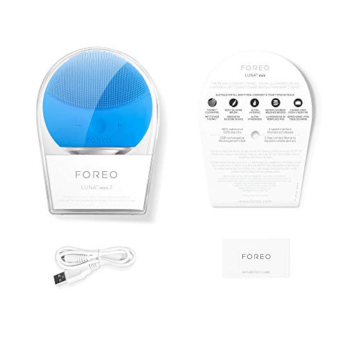 FOREO LUNA mini 2 Facial Cleansing Brush - Travel Accessories - Face Massager Electric - All Skin Types Ultra-hygienic Skincare - Simple Face Wash - Silicone Electric Face Cleanser - Aquamarine