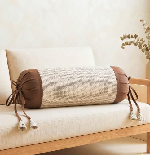 Image of SAJAVAT HOME Pure Cotton Round Bolster Cover Set of 1 | Beige & Brown Decorative Side Pillow Cover | 32 x 15 Inch Cushion Cover with Adjustable Ties for Sofa, Bed, Diwan & Home Decor