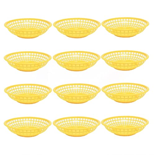 TrueCraftware- 8" x 2" Round Fast Food Baskets Yellow Set of 12- Food Serving Tray Classic Deli Baskets for Sandwiches Burgers Nachos Fries Hot Corn Dogs