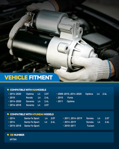 Image of PHILTOP 6975N Starter Compatible with Hyundai Sonata for Kia Optima,1.2KW | 2011 Sonata 2.0L(To 03 /18 /2011),2014-19 Sonata 2.0 /2.4L GAS(From 10 /16 /2013),2014-18 Santa Fe Sport 12V CW PMGR 11 Tooth