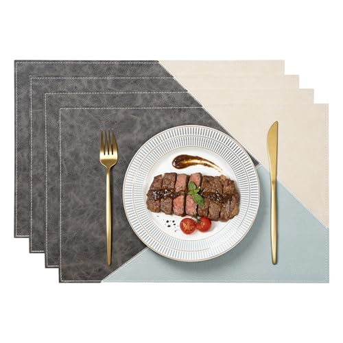 New Microfi Indoor/Outdoor Washable Faux Leather Vinyl Patchwork Placemats, Set of 4 (Blue)