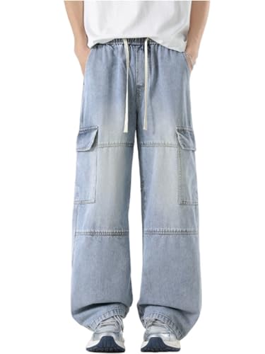 Oanviso Jeans de Ajuste Relajado de Hombre Cargo Pantalones Baggy Vaqueros Holgados Denim Jean Y2K Moda Hip Hop Pantalone Casuales Elasticos Pantalón A Azul Claro XXL