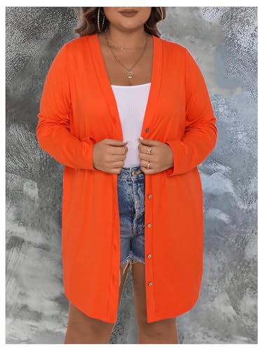 Image of SOLY HUX Women's Plus Size Cardigan Button Down V Neck Long Sleeve Casual Outerwear Plain Orange 1XL