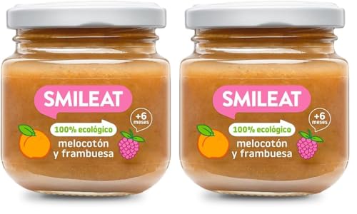 Smileat - Tarrito de Frutas Ecológicas con Melocotón y Frambuesa para peques +6 Meses - Sin Azúcar Añadido, Sin Sal, Sin Leche, Sin Huevos - 130g (Paquete de 2)