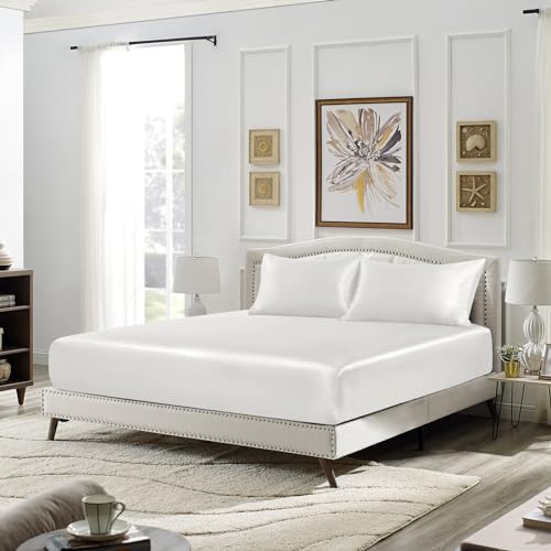 Image of SiinvdaBZX 3-Piece Set Satin Full Fitted Sheet & 2 Pillowcase, Ivory White Silky Soft Fitted Bottom Sheet, Wrinkle Free, Fade Resistant, Deep Pocket Bed Sheet (Deep Up to 15 inch)