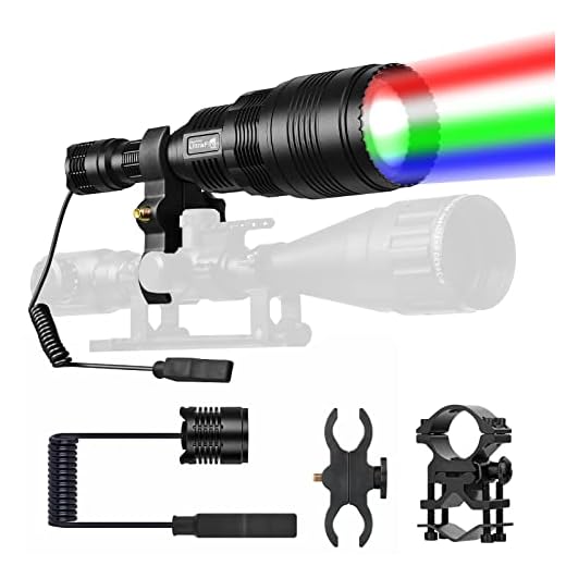ULTRAFIRE UC90 4-Color-in 1 (Green, Red, White, Blue) Scope Mount Hungting Light Predator Flashlight, 2200 High Lumens Super Bright Flashlight with Pressure Switch, for Hog Coyote Varmint Hunting