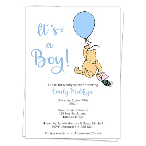 Winnie the Pooh Baby Shower Invitation Pooh Bear Vintage Nostalgic Blue Boy Balloon Custom Printed Personalized Customized (12 count)
