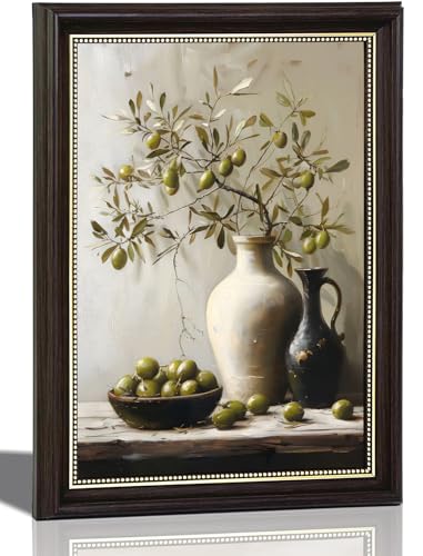 Vintage Dark Brown Framed Olive Branch Canvas Wall Art Rustic Still Life Wall Decor Terracotta Vase Olive Painting Picture Kitchen Botanical Print Artwork for Farmhouse Home Decoration 12x16in