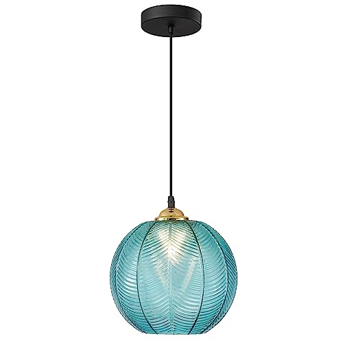 KCO 7.9” Blue Ribbed Striped Glass Pendant Light Modern Globe Hanging Lamp