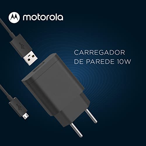 Motorola, Carregador Rápido 10W, 100-240V, Cabo 1 Metro, Porta USB-A, Cabo Micro-USB