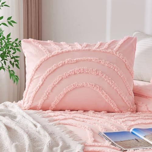 Image of ENJOHOS Pink Queen Size Comforter Bedding Set for College Teen Girls - 3 Pc Tufted Bed Set with Rainbow Design, Lightweight Fluffy Microfiber Comforter with 2 Pillowcase