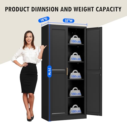 Image of Polup Pantry Cabinet, 71 Inch Tall Kitchen Storage Cabinet, Metal Pantry Cabinet with Doors and Adjustable Shelves, Freestanding Heavy Duty Steel Utility Cupboard for Garage, Laundry, Black