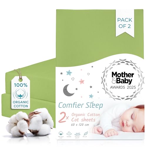 Green Cot Sheets 120x60 Fitted – 2 Pack Organic Cotton – Ultra Soft Cot Bed Sheets for Daily Use