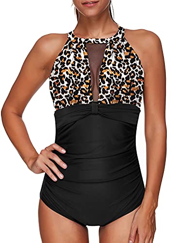 image for Tempt Me Women One Piece Swimsuits Black Leopard High Neck V-Neckline 