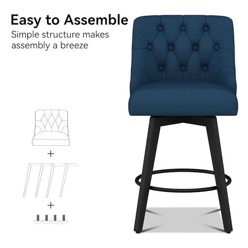 Image of Swivel Counter Height Bar Stools with Back, 26 inch H Seat Height Upholstered Fabric Counter Stools for Kitchen Island, Set of 2, Fabric in Dark Blue