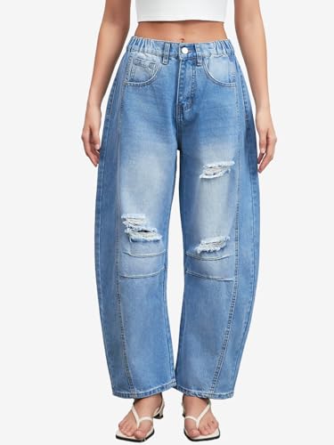 Distressed Jeans for Women Low Rise Baggy Ripped Barrel Boyfriend Denim Pants2