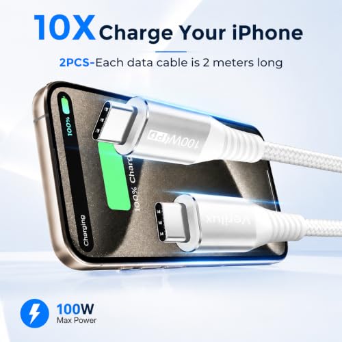 Image of Verilux 2Pcs PD 100W Type C Cable Fast Charging 6.6FT /2M | 480Mbps Data Cable C Type Fast Charging with Nylon Braided Design for iPhone 18 /17 /16 /15 Series, Galaxy S26 /S25 /S24, Laptops