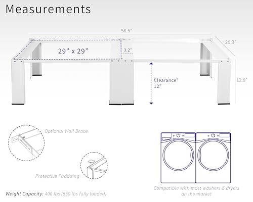 Universal Laundry Dual Pedestal for Washer and Dryer Set, Washing Machine Stand, Dryer Base, White, LF-WDP01