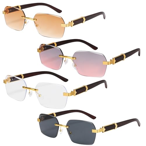 4 Pcs Rimless Rectangle Sunglasses, Retro Frameless Sun Glasses Y2K Style UV400 Protection for Women Men