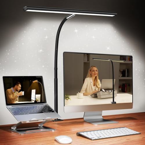 Image of ELEPHANTBOAT Tall LED Desk Lamp for PC Monitor & Study, Eye-Friendly 3-Color Dimmable 2700K-6500K USB-Powered Light with Stepless Brightness & Controller for Reading, Study, Workbench (Black)