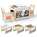 COSTWAY Kids Table and Chairs Set, Wooden Toddler Activity Tables with Reversible Tabletop, Bookshelves, Storage Bins, Children Building Block Table for Boys Girls (White + Natural)