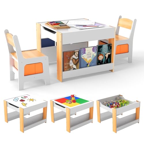 COSTWAY Kids Table and Chairs Set Wooden Toddler Activity Tables with Reversible Tabletop Bookshelves Storage Bins Children Building Block Table for Boys Girls (White + Natural)