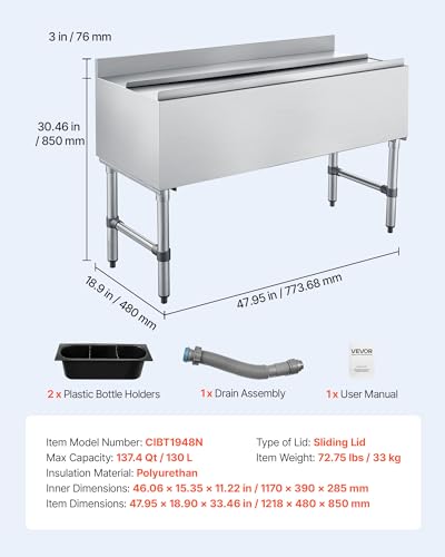 Image of VEVOR Commercial Ice Bin,19 Inch Stainless Steel Ice Chest with Sliding Lid and Bottle Holders, Cooler Cart Cocktail Unit for Bar Restaurant Pub, NSF Certified