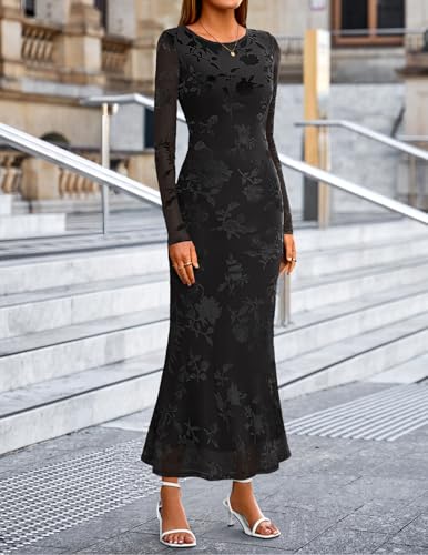 MEROKEETY Women's Fall Long Sleeve Maxi Dresses Bodycon Floral Mesh Sexy Wedding Guest Cocktail Party Dress4
