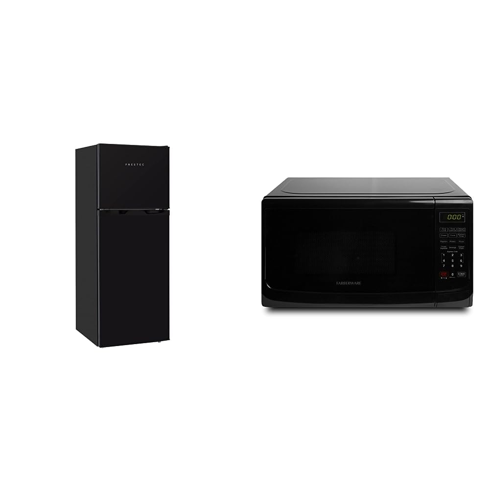 Frestec4.7 CU' Refrigerator, Black (FR 472 BK) & Farberware Countertop Microwave 700 Watts, 0.7 cu ft - Microwave Oven With LED Lighting and Child Lock, Retro Black