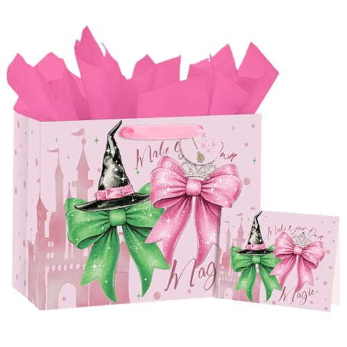 Loveinside 13 Large Christmas Gift Bag Pink Castle Design with Glitter Bows Witch Hat and Crown Design Gift Bag with Tissue Paper Card & Tag for Christmas Party Holiday 13 x 5 x 10 1 Pcs