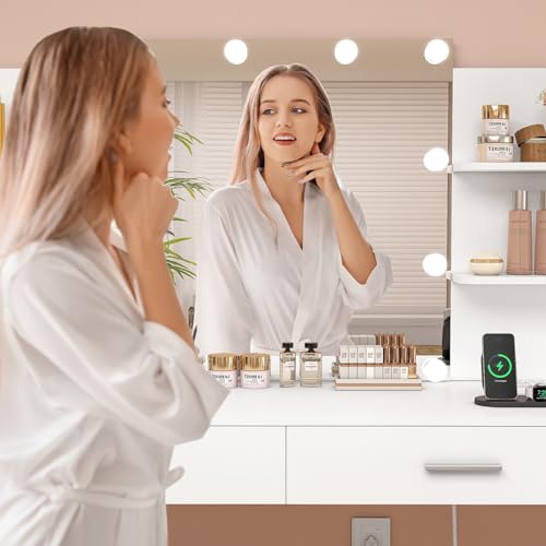 FIONESO Vanity Desk, Makeup Vanity Desk with Mirror & Lights, Vanity Desk with 2 Drawers & 6 Storage Shelves, Dressing Table with Power Outlet, for Women Girls, Bedroom, White