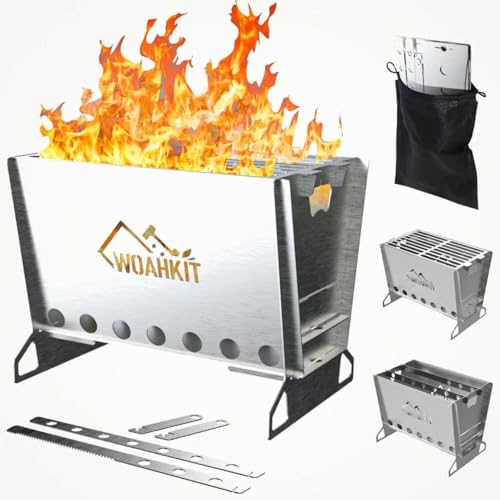WOAHKIT Camping Wood Burning Stove with Grill,Portable Collapsible Backpacking Survival,Folding Stainless Steel Campfire Stove for Outdoor Cooking Hiking Camping Picnic Hiking BBQ