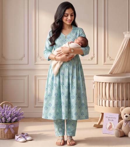 Image of DUMMY SHAPE Maternity Dresses for Women Cotton | Floral Kurta Pant Dupatta Set with Nursing Zippers, Side Pocket | Pre & Post Pregnancy | Feeding Kurti Suit | Baby Shower | Gifts for Pregnant Woman