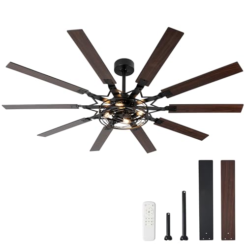 65 Inch Ceiling Fans with Lights Farmhouse Ceiling Fan with Remote Rustic Caged Industrial Design Dual Finish 10 Blades Black Ceiling Fans with Quiet Reversible Motor for Living Room Bedroom Patio