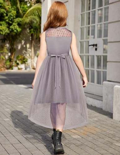 Image of Arshiner Girls Dresses Formal Party Wedding Tulle Sleeveless Contrast Mesh High Low Dress with Belt