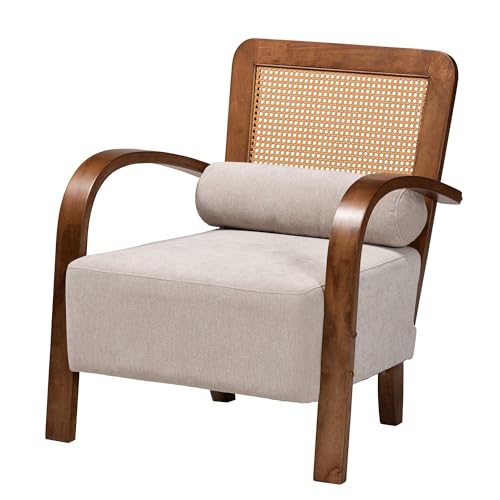Baxton Studio Sage Modern Japandi Light Grey Fabric and Walnut Brown Finished Wood Arm Chair with Woven Rattan by Baxton Studio - Used condition - US$189.94