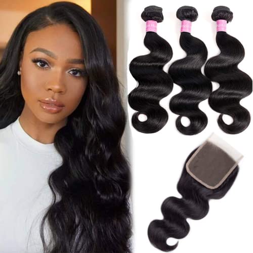 10A Brazilian Body Wave 100% Unprocessed Human Hair 3 Bundles With Closure(14 16 18+14 Inch Free part Natural Color) Bod