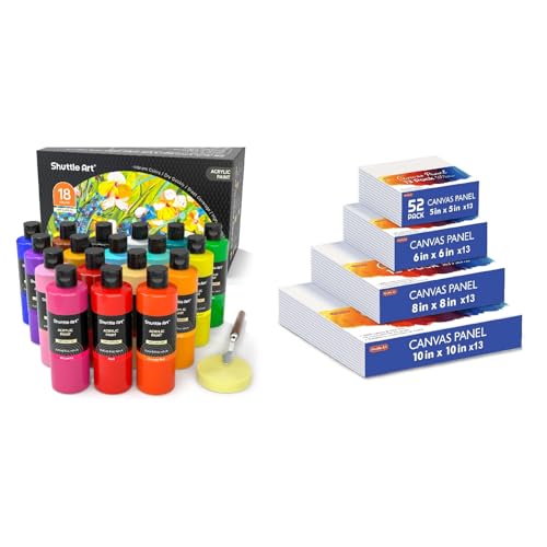 Shuttle Art Canvas Panels and Acrylic Paint Bundle, Art Painting Supplies Set for 18 Colors Acrylic Paint Bottles (240ml/8.12oz) & 52 Pack Painting Canvas (5x5”, 6x6”, 8x8”, 10x10”)