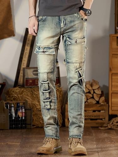 Men's Skinny Jeans Slim Fit Stretch Distressed Denim Pants Stacked Vintage Yellow Straight Jeans for Streetwear, Skateboard 7