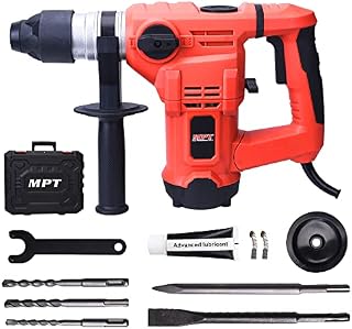 MPT 1500W Heavy Duty Rotary Hammer Drill,3 Function and Adjustabl Soft Grip Handle,Include 3 Drill Bits,Point and Flat Chisel with Case