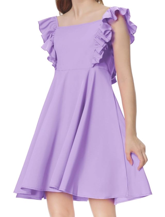 Mebius Girls Bow Back Square Neck Ruffle Sleeve Preppy Dress Tween Cute School Dance A Line Dresses 8-14Y3