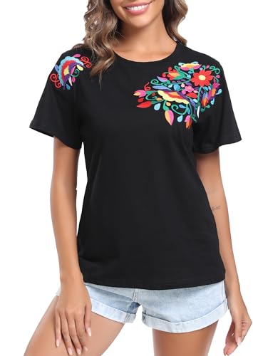Women's Mexican Shirts Embroidered Tops Floral Tunic Summer T Shirt Short Sleeve Top Cotton Peasant Blouse