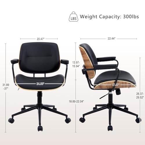 Image of Mid Century Modern Office Chair with Adjustable Backrest, Wooden Desk Chair with Armrests, Swivel Height Adjustable Home Office Chair, Comfortable Task Chair for Home Office, Black