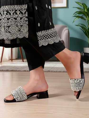Image of ELLE Women's Elegant Pearl Sandal Beaded Low Heel Sandals for Special Occasions