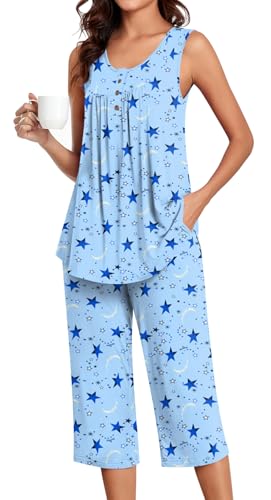 Image of Bestbee Women's Sleeveless Pajama Sets 2 Piece Sleepwear Summer Lounge Outfits Henley Tanks Capri Pants Ladies Pjs