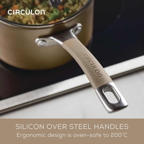 Image of Circulon A1 Series with ScratchDefense Technology Nonstick Induction Pots and Pans, Metal Utensil Safe, Includes Splatter Guard, Slotted Turner and Silicone Trivets, 10 Piece Cookware Set - Champagne