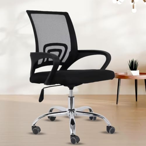Image of NORMAN JR, Ergonomic Desk Chair Mesh Computer Chair with Lumbar Support Armrest Executive Rolling Swivel Adjustable Mid Back Chair - Solid Black & Black Handle